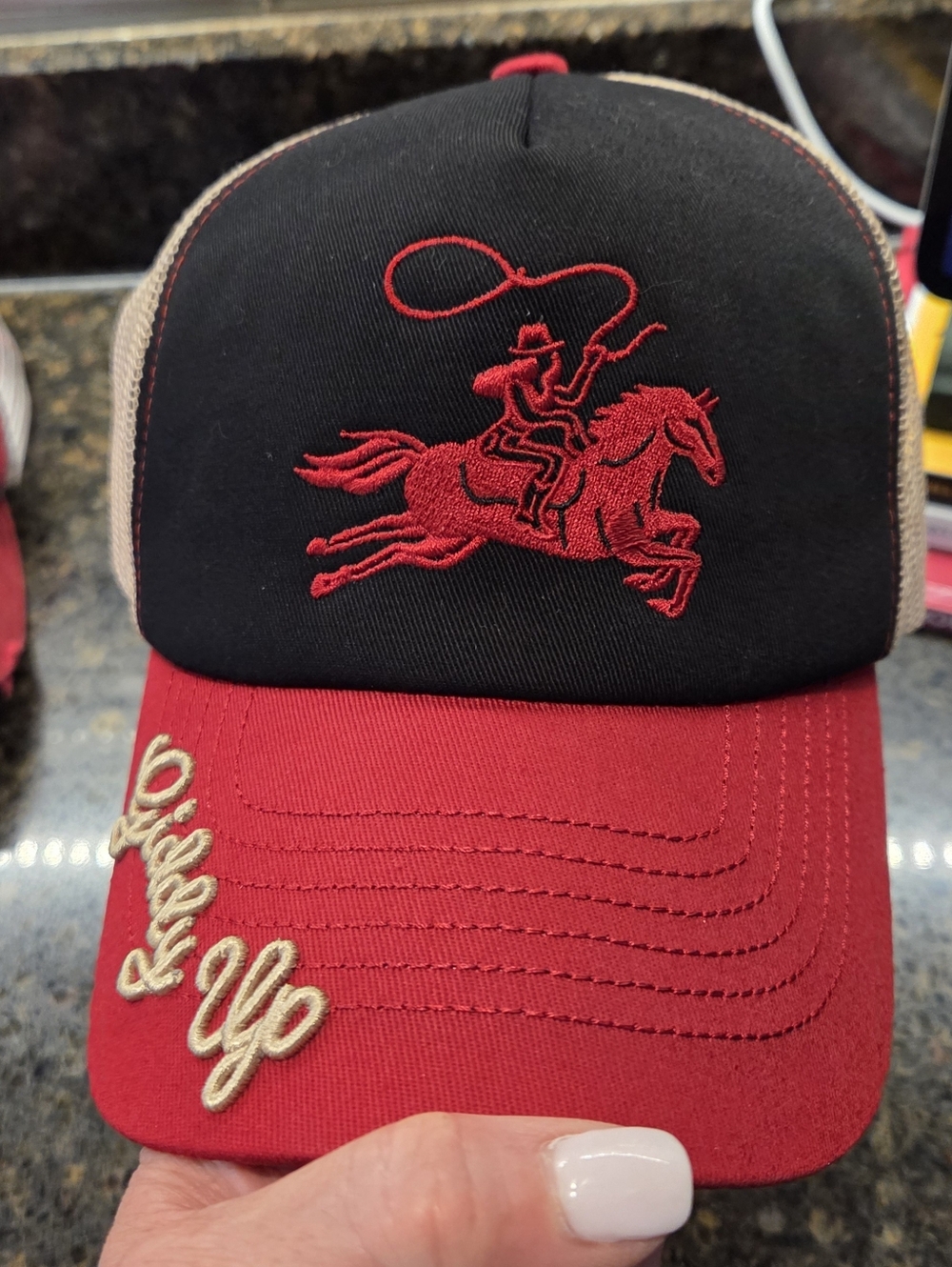 FREE PEOPLE Red and Black Rodeo Trucker Hat with Embroidered Rider